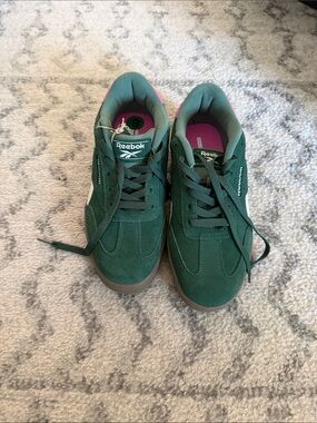 Reebok Green Suede Low-Top Sneakers with Pink Accent